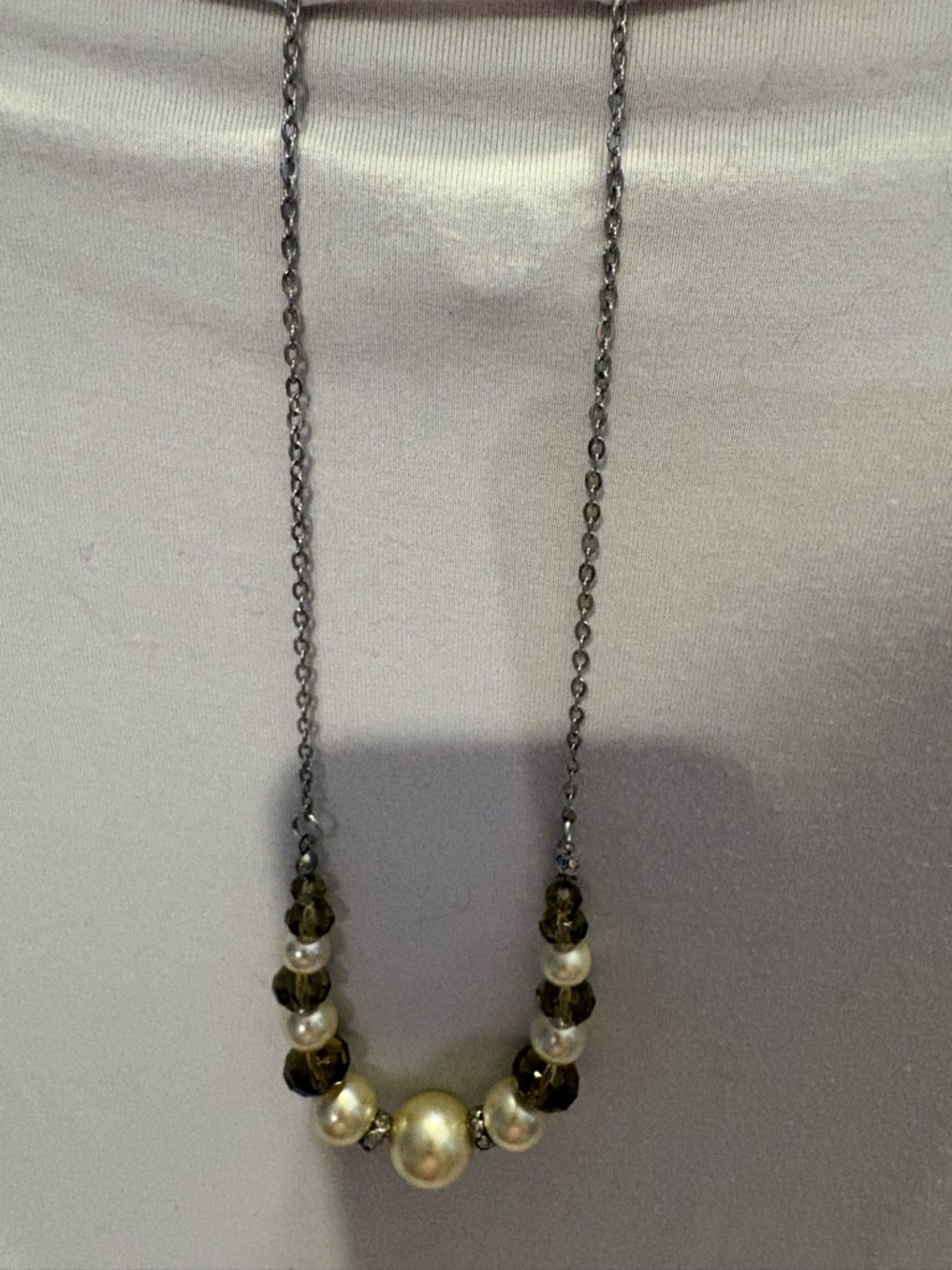 Pearl and Smoky Bead Pendant Necklace - Women's Silver Chain